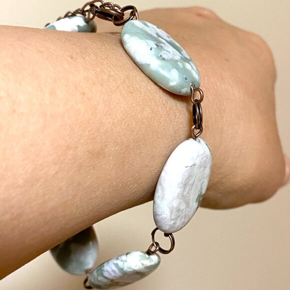 2/$20, Green Flower Agate Boho Bracelet, Large Genuine Gemstone + Copper Links - Picture 12 of 14